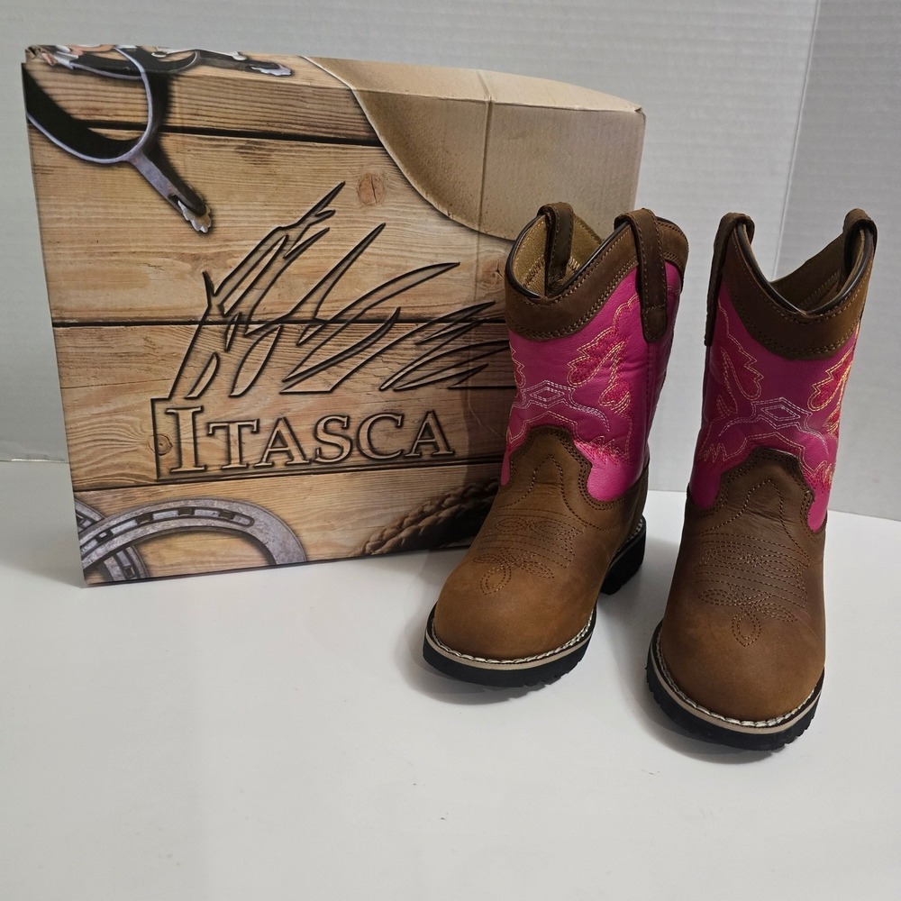 NIB Itasca Buckaroo Girls Brown Pink Embroidered Western‎ Cowboy Boots Sz 12